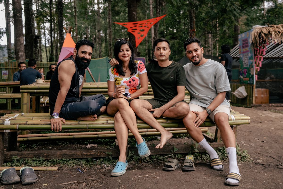 Friends on the bamboo benches